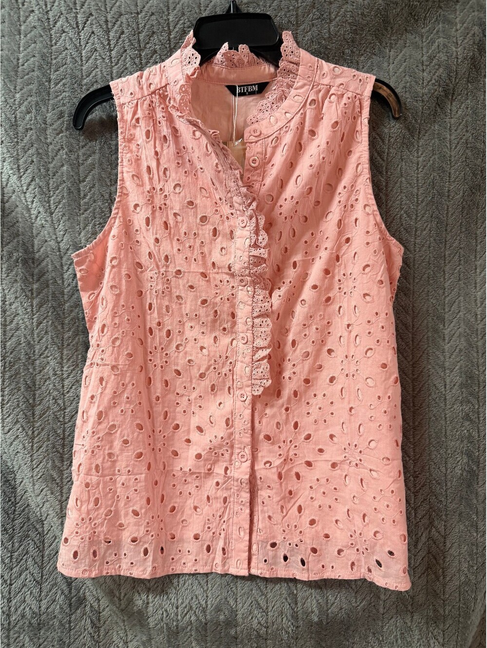 BTFBM Pink Eyelet Sleeveless Blouse with Ruffle Collar, Size S